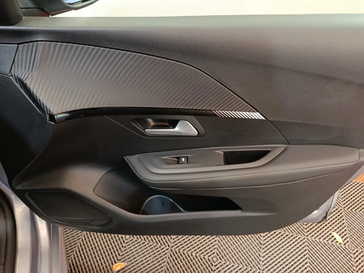 Vue côté gauche de la porte intérieure noire avec insert effet carbone de la Peugeot 208 PureTech 100 S&S Allure 2025.