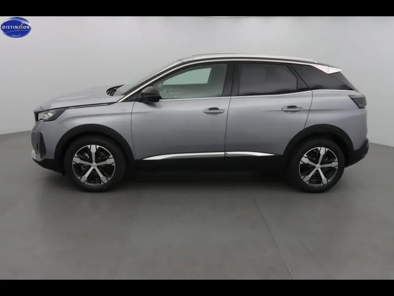Peugeot 3008 gris Artense vue de profil côté gauche, avec jantes alliage et toit contrasté noir.