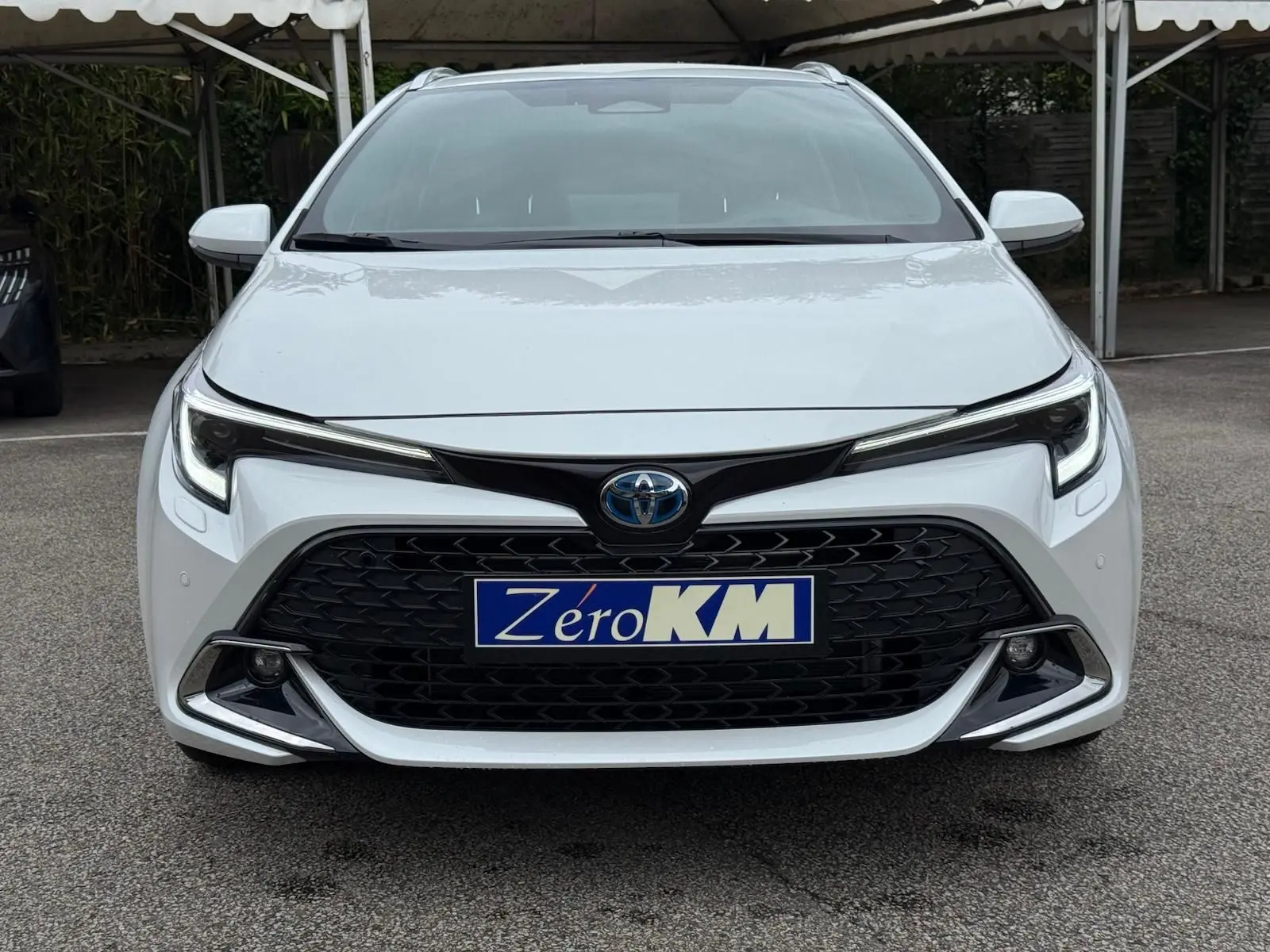 Vue frontale d'une Toyota Corolla Touring Sport blanche lunaire nacrée avec calandre noire et phares LED marqués.