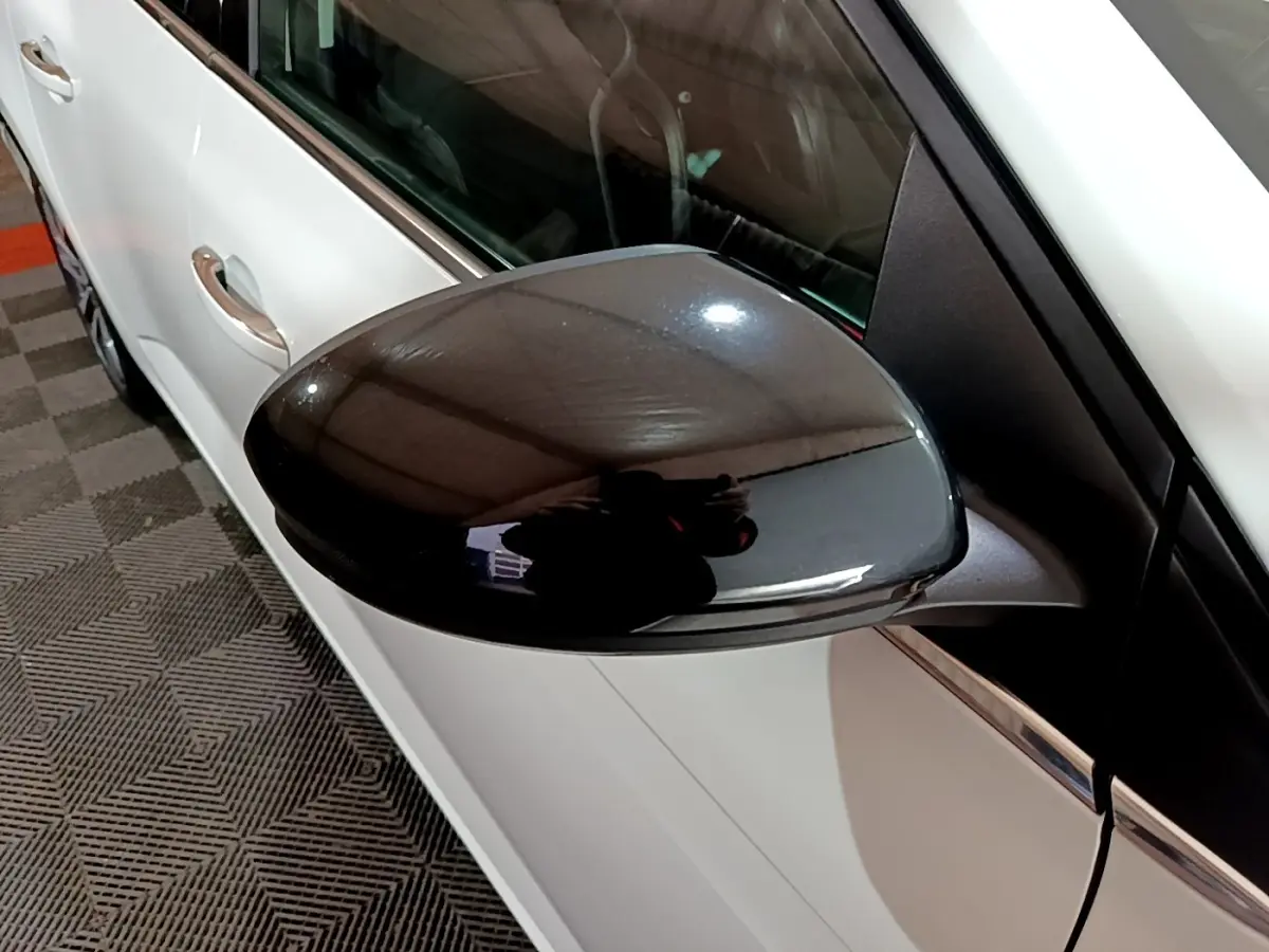 Rétroviseur noir brillant côté gauche d'une Renault Mégane Techno blanche vue en léger plongé, avec poignée de porte visible.