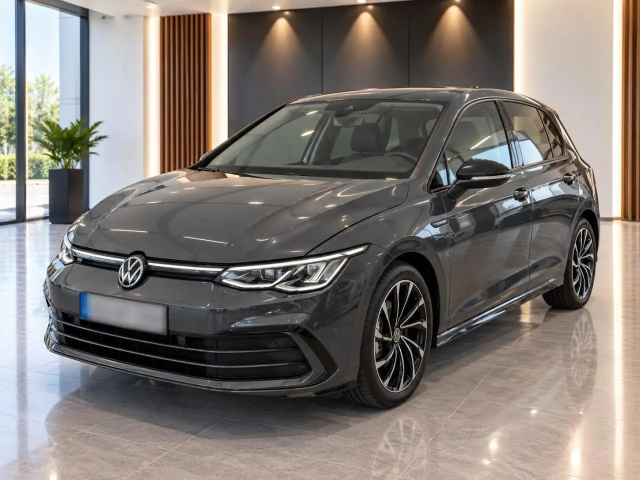 Volkswagen Golf 2024 gris Urano vue 3/4 avant avec jantes alliage 17'' Ventura et calandre R-Line noire.