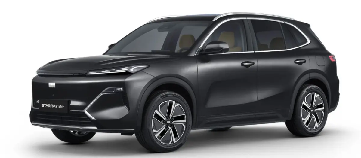 SUV Geely STARRAY PRO 1.5 EM-I noir, vue 3/4 avant droite, lignes épurées et phares LED fins intégrés.