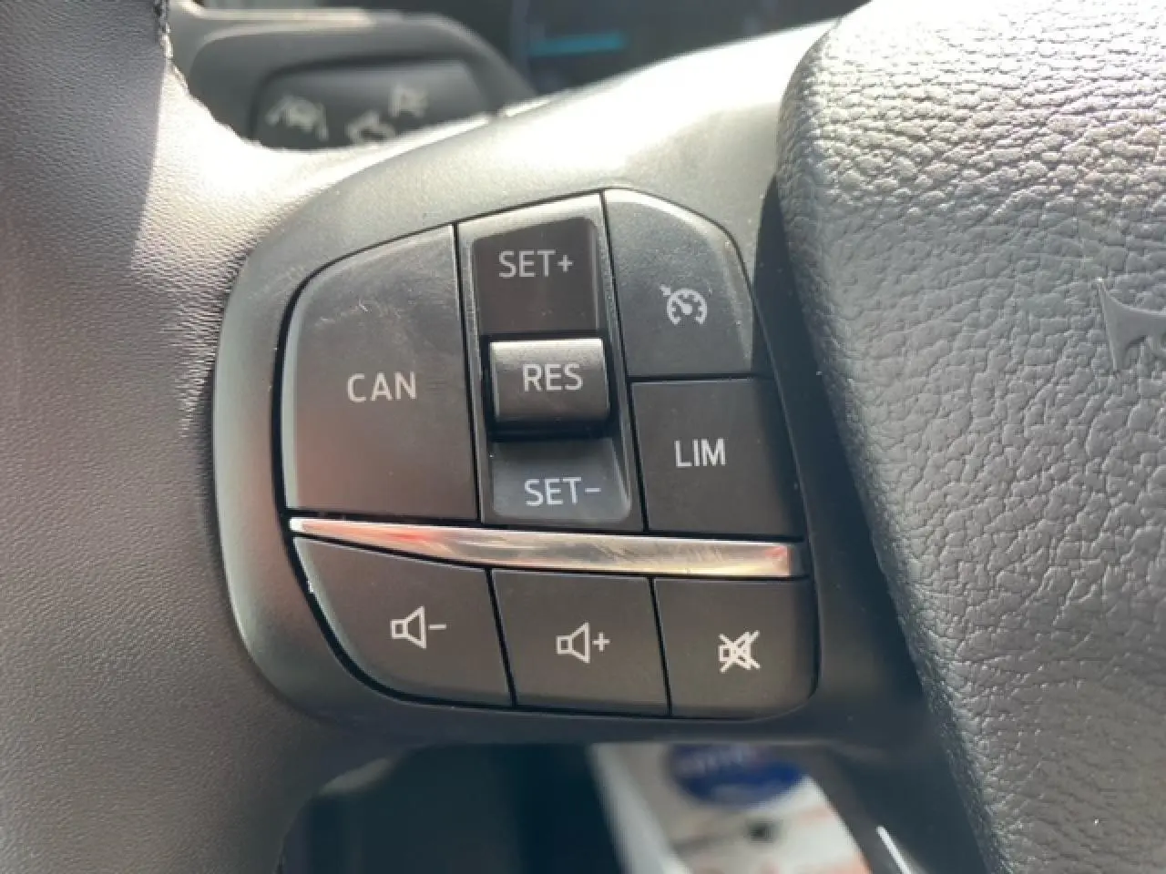 Gros plan sur les commandes du régulateur de vitesse et du volume audio sur le volant noir du Ford Transit Fourgon blanc.