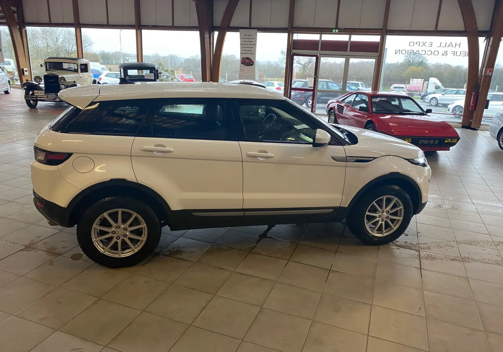 Profil côté gauche d'un Range Rover Evoque blanc 2016 dans un showroom avec plusieurs voitures anciennes en arrière-plan.