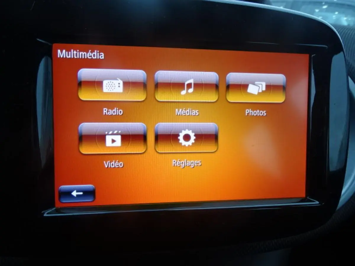 Écran tactile multimédia orange de la Smart Forfour Electric Drive Prime, affichant les options Radio, Médias, Photos, Vidéo et Réglages.