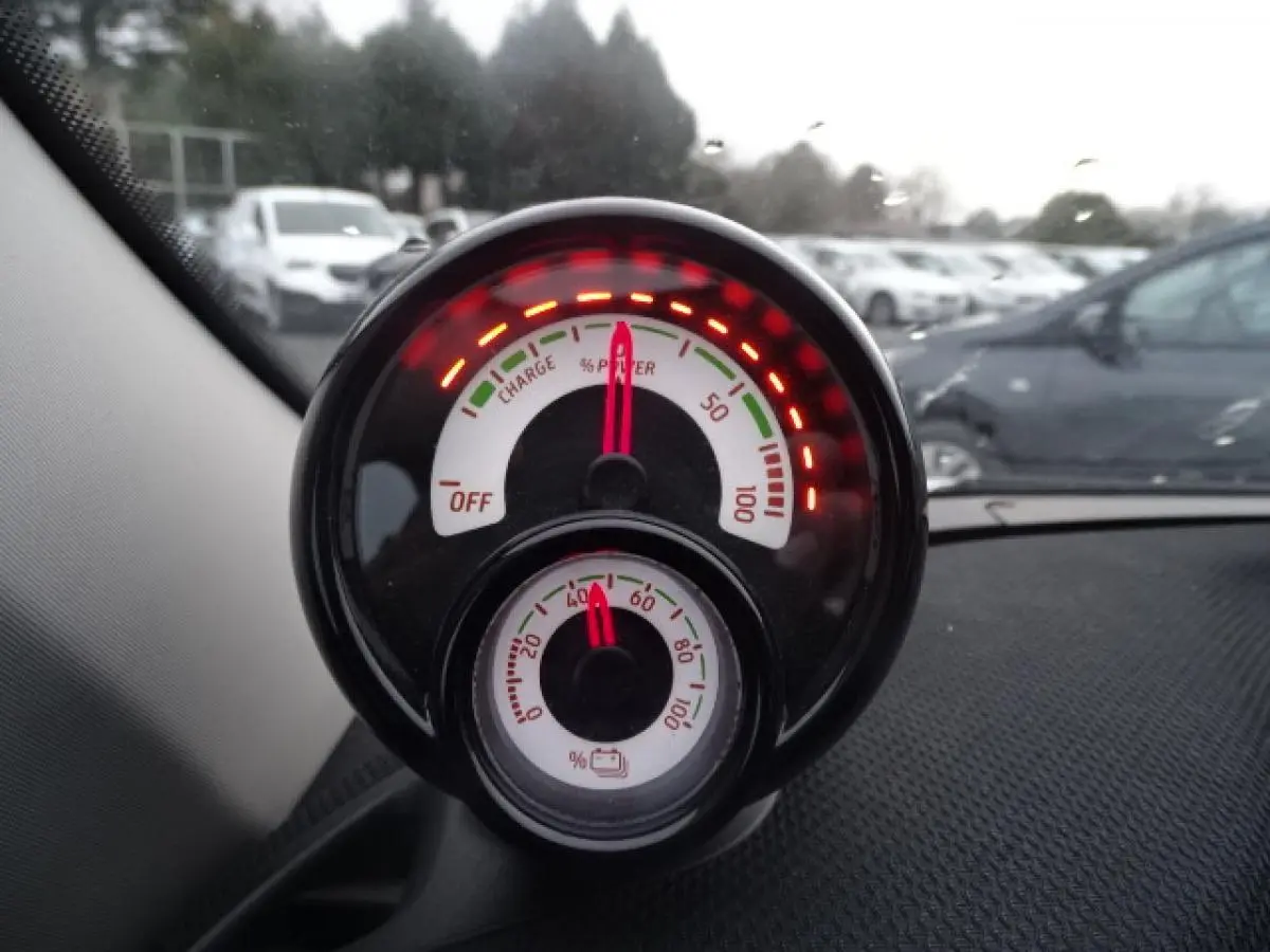 Gros plan sur le compteur de puissance et batterie de la Smart Forfour Electric Drive Prime blanche, vue intérieure.
