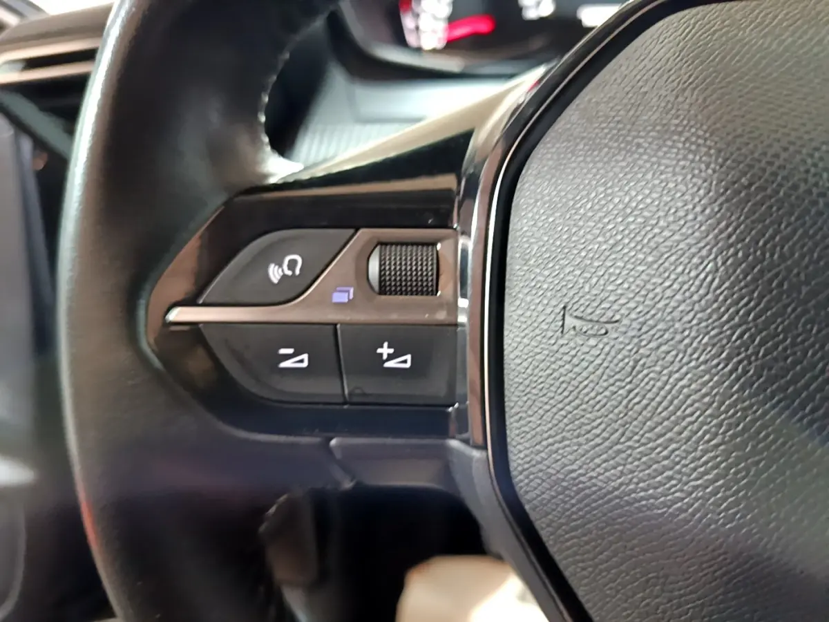 Gros plan sur les commandes gauche du volant cuir noir d'une Peugeot 208 BlueHDi 100 S&S Active Business 2020.