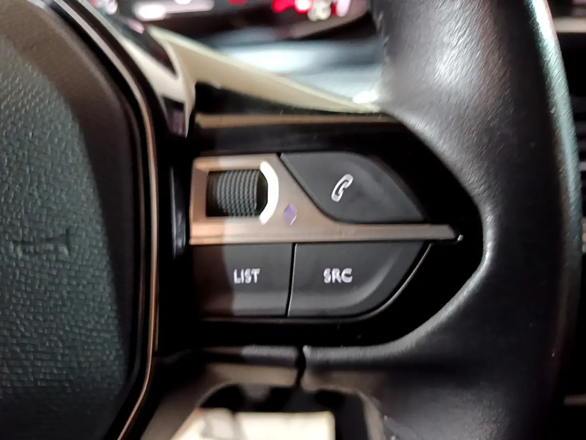 Gros plan sur les commandes du volant cuir noir de la Peugeot 208 BlueHDi 100 S&S Active Business de 2020.