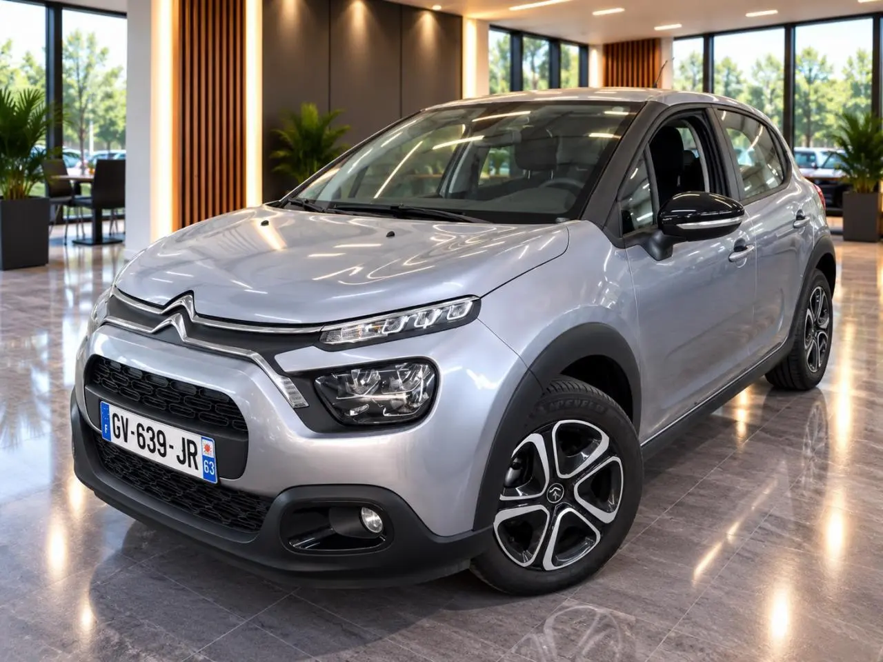 Citroën C3 gris foncé vue 3/4 avant droit en intérieur, avec jantes alliage et détails noirs contrastants.