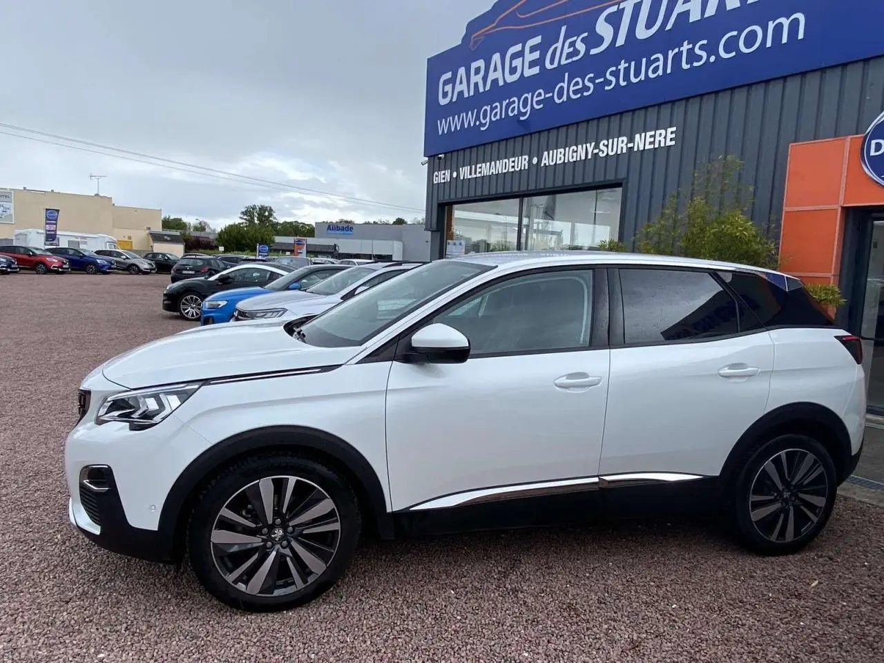 Vue de profil côté gauche d'un Peugeot 3008 blanc nacré avec jantes alliage 19 pouces, vitres surteintées et toit noir.