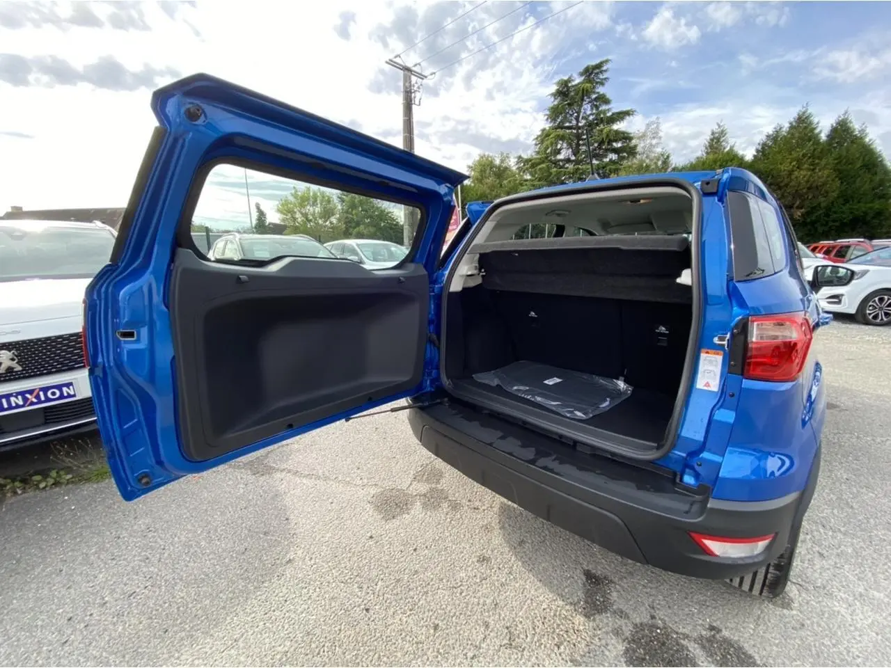 Vue arrière ouverte du Ford EcoSport 1.0 EcoBoost 2022 en bleu Island, montrant le coffre spacieux et la porte battante.