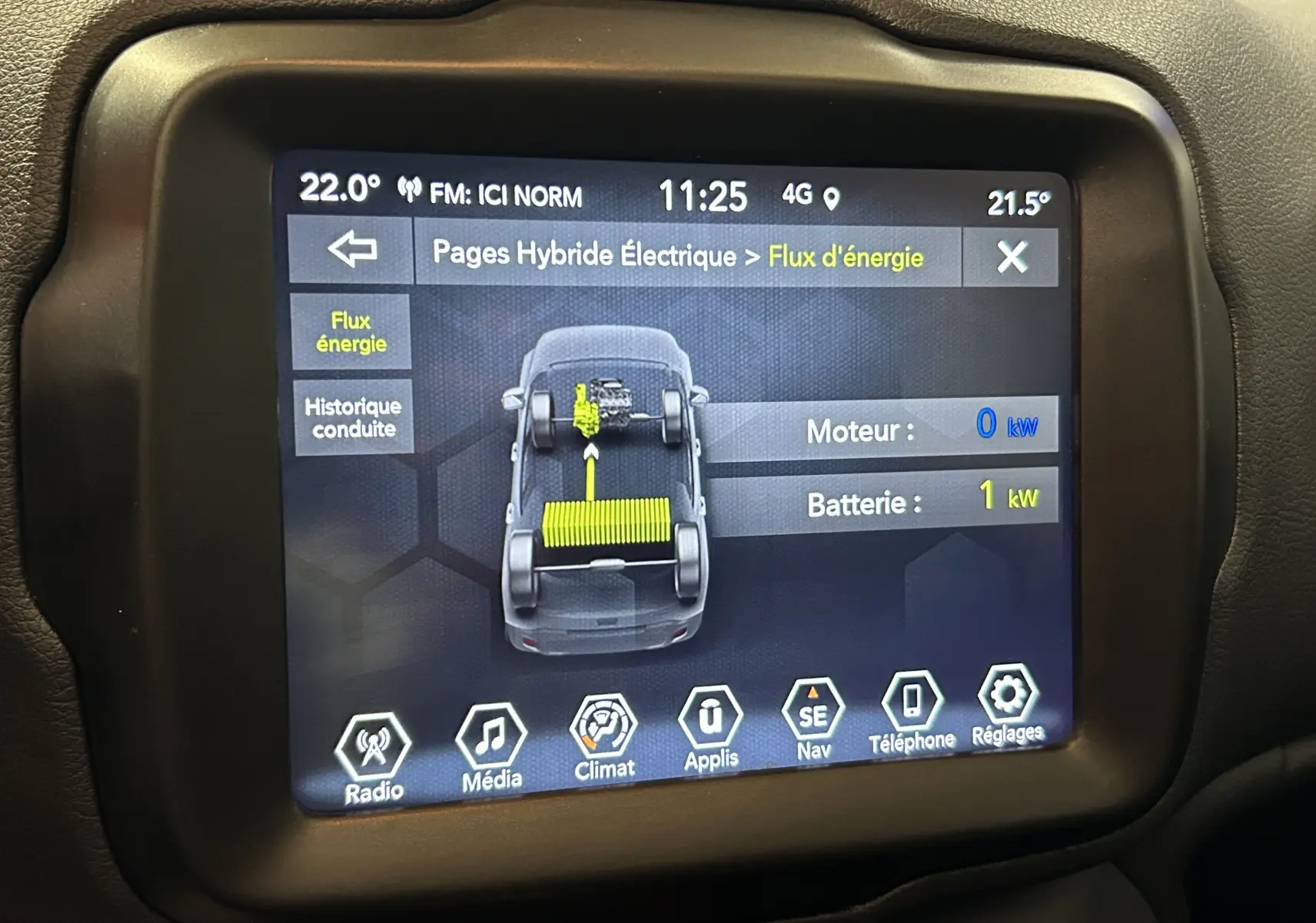 Écran tactile du tableau de bord Jeep Renegade affichant le flux d'énergie hybride, avec interface en français.
