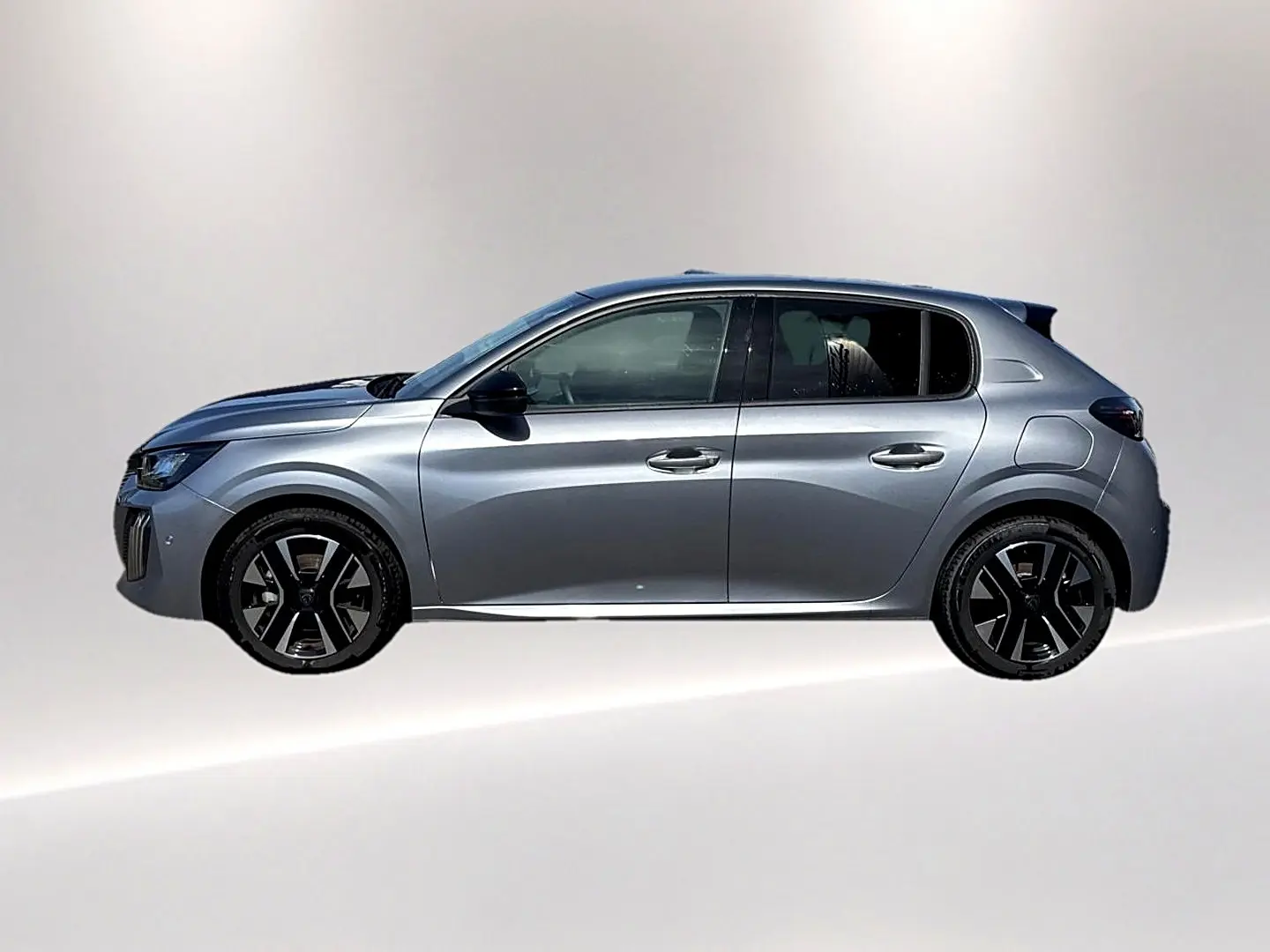Peugeot 208 1.2 100 Allure gris Artense vue de profil côté gauche avec jantes alliage noires.