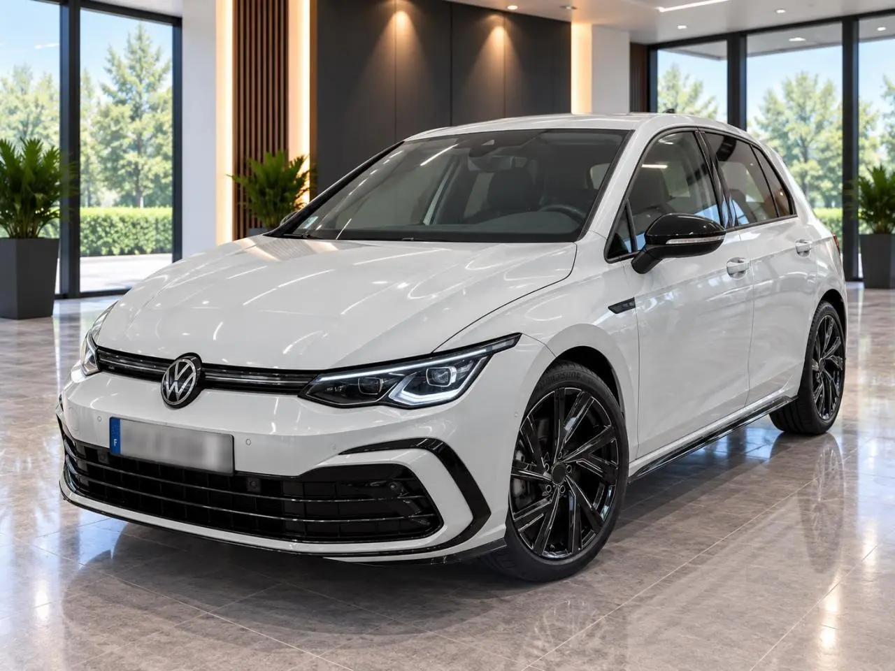 Volkswagen Golf 1.5 eTSI blanche vue 3/4 avant avec jantes noires Bergamo 18 pouces en intérieur showroom.