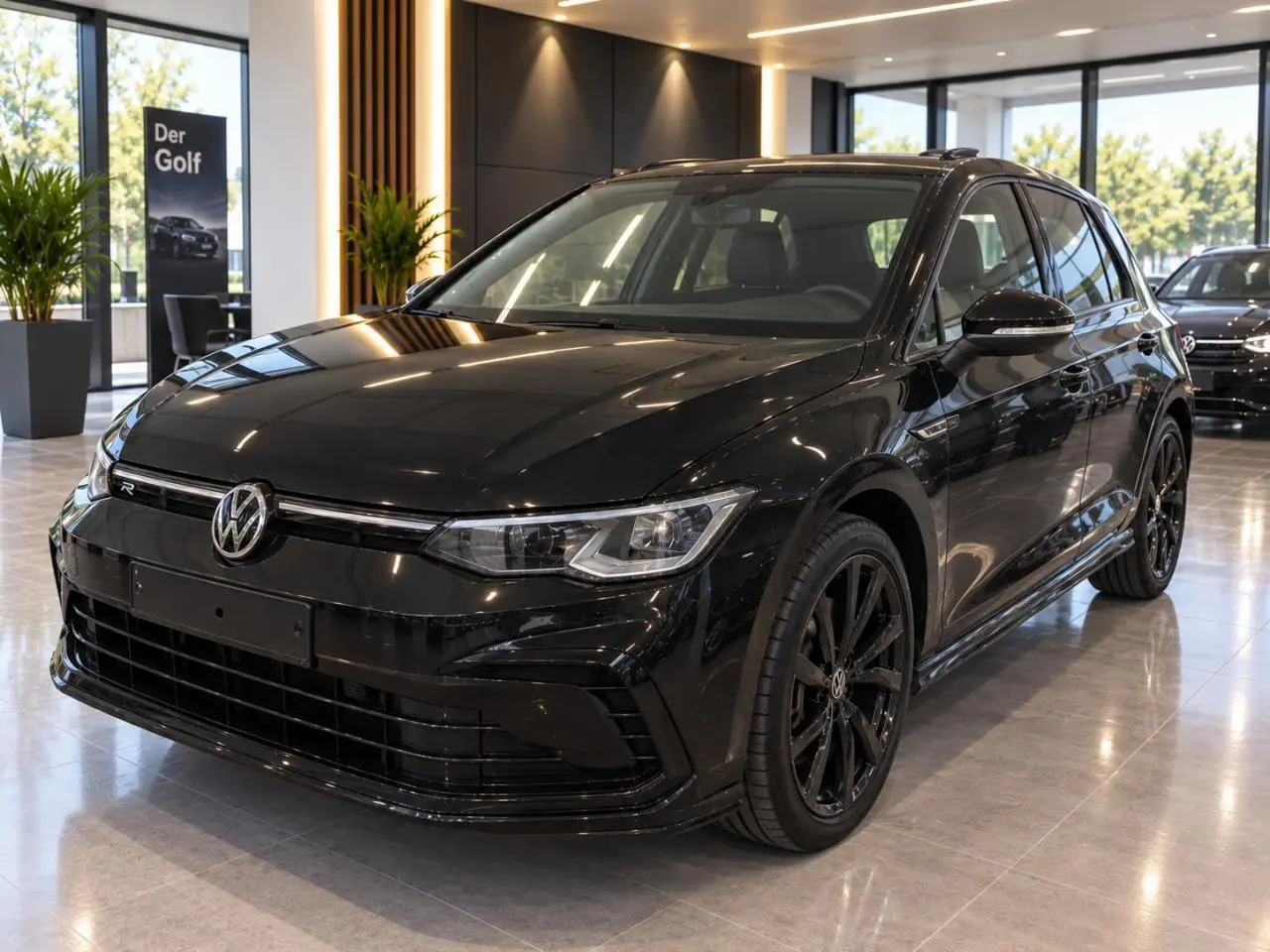 Volkswagen Golf VIII R-Line Black 2024 noir métal, vue 3/4 avant avec jantes alliage noir Bergamo 18 pouces.