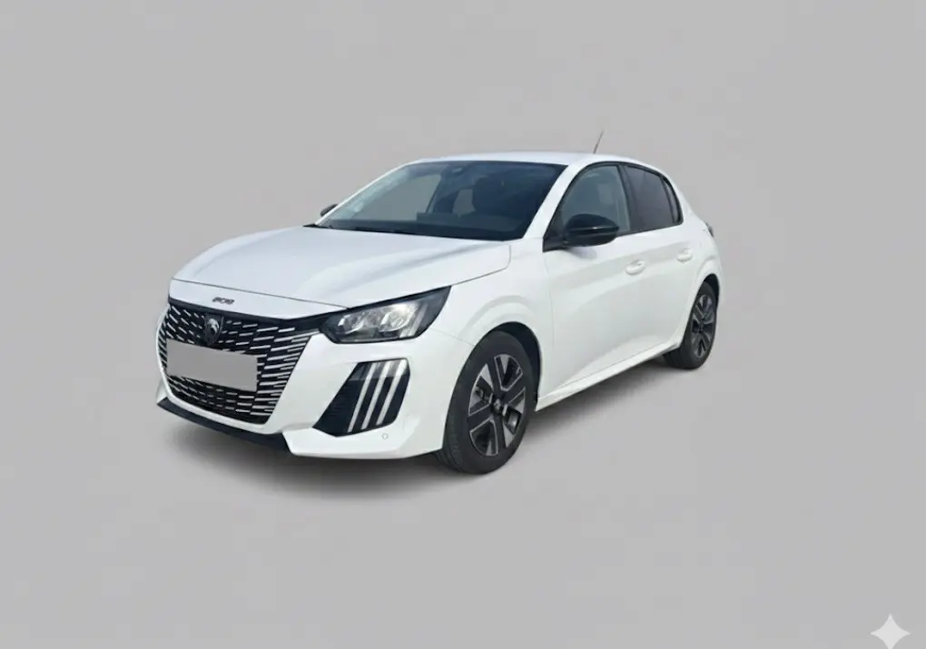 Peugeot 208 Hybrid 110 e-DCS6 Allure blanc vue 3/4 avant, avec calandre noire et feux LED verticaux distinctifs.
