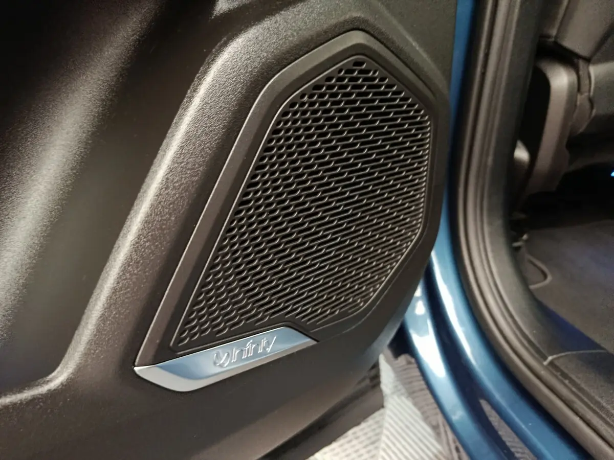 Gros plan sur l'enceinte Infinity intégrée à la porte arrière côté droit d'un Link & Co 01 bleu 2023.