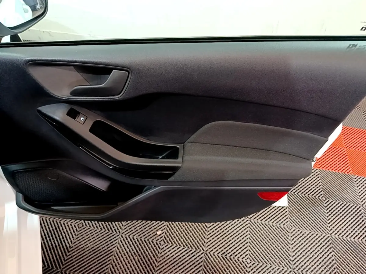 Vue rapprochée de la porte avant gauche noire d’une Ford Fiesta blanche, avec poignée et commande de vitre visible.
