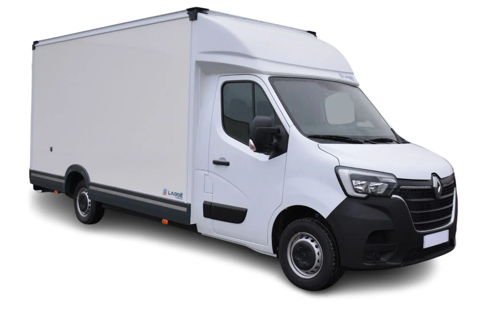 Renault Master Plancher Cabine blanc en 3/4 avant droit avec caisse box blanche et pare-chocs noirs.