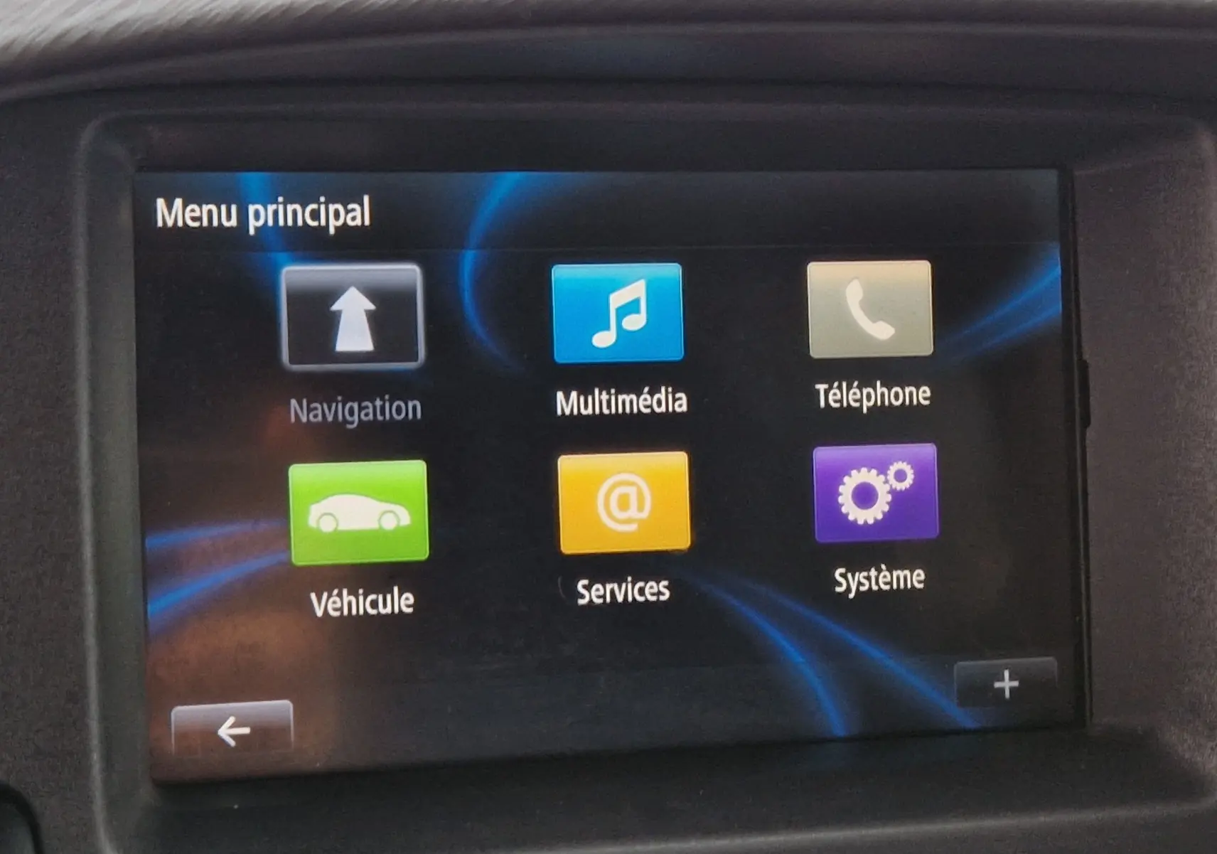 Écran tactile du système R-LINK 2 du Renault Kangoo 2019 affichant le menu principal avec six icônes colorées.