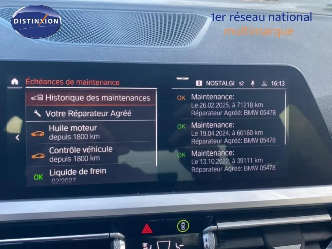 Écran central de la BMW Série 3 G20 318d noir, affichant le menu d’échéances de maintenance intérieur.