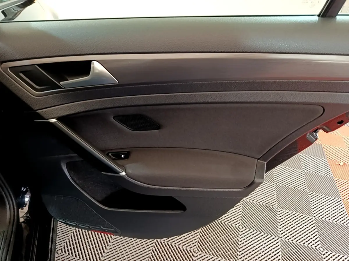 Vue intérieure du panneau de porte avant gauche noir de la Volkswagen Golf 1.0 TSI 115 DSG7 Connect 2019.