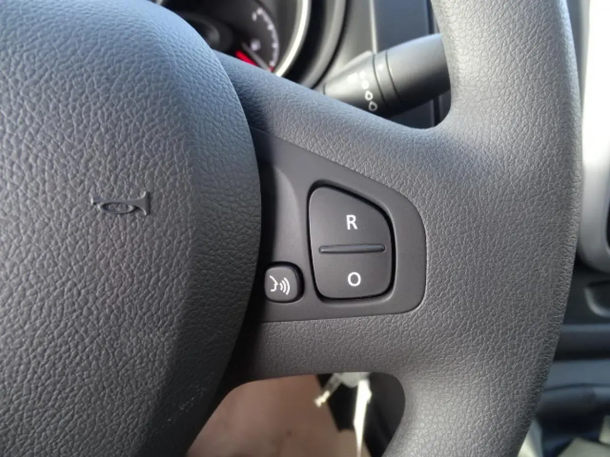 Gros plan sur les commandes du volant du FIAT Talento Fourgon blanc, version 2020, avec boutons de réglage vocal et radio.