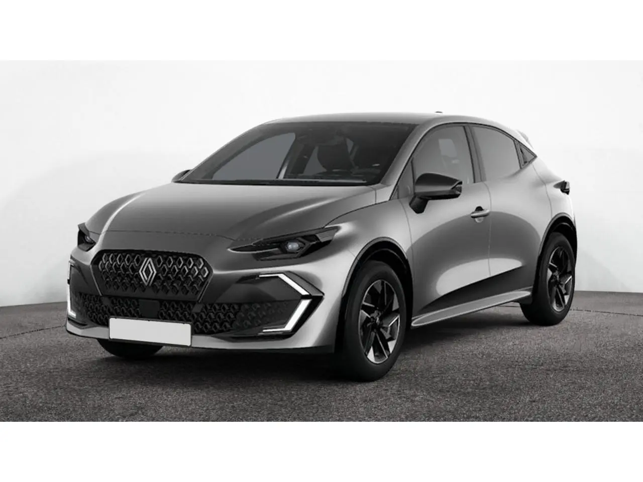 Renault Clio 2026 gris schiste vue 3/4 avant droit, avec jantes alliage noires et feux LED distinctifs.