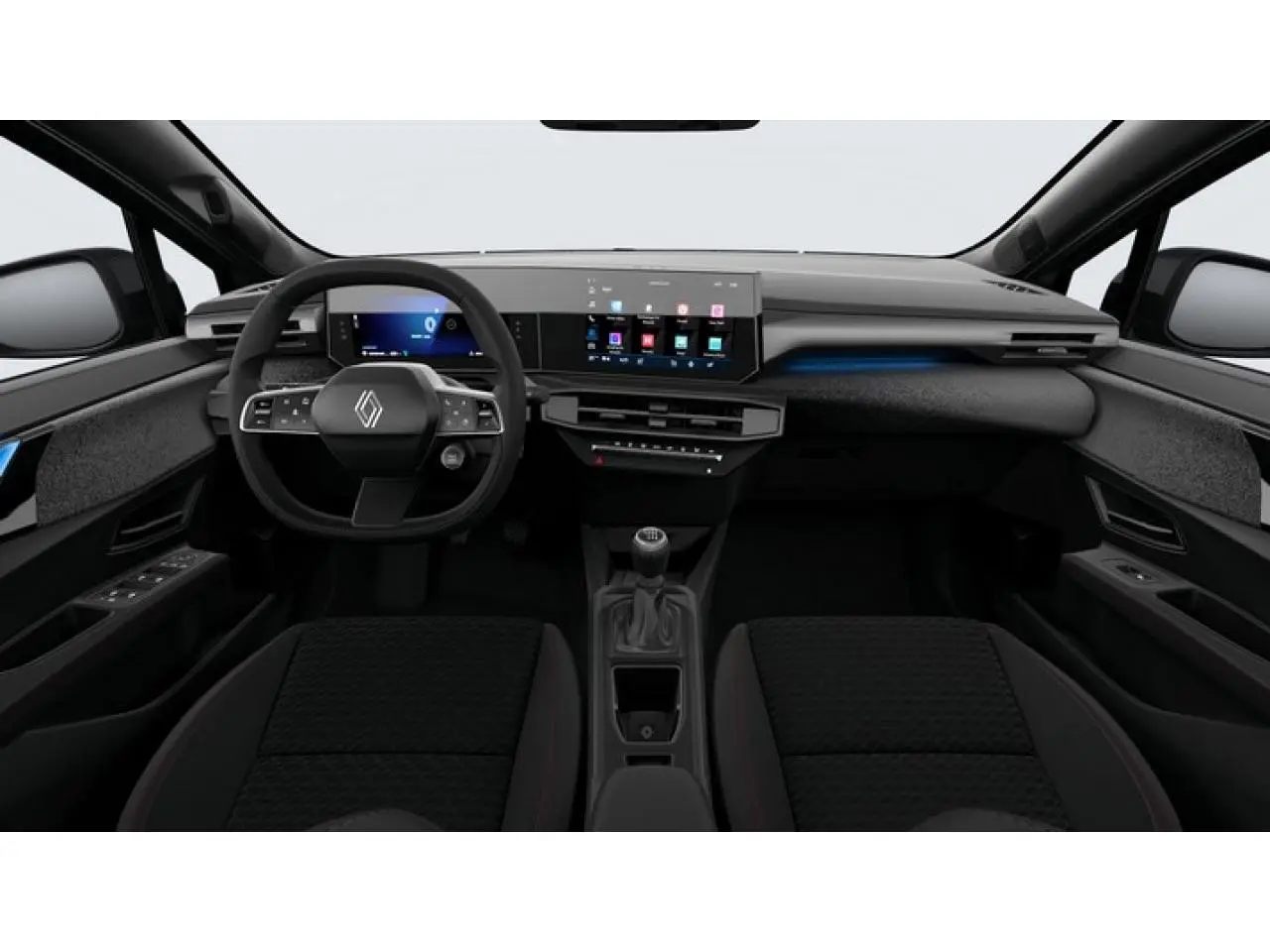Vue intérieure avant de la Renault Clio 1.2 TCe 115 Techno 2026 avec tableau de bord moderne et volant multifonction.