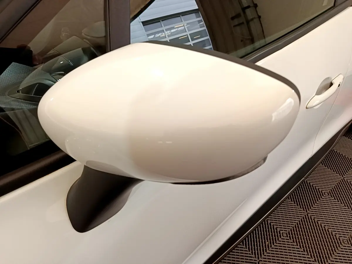 Rétroviseur côté gauche blanc de la Renault Clio Business TCe 90 2019, vue rapprochée avec porte et poignée visibles.