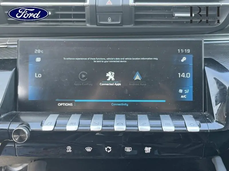 Vue rapprochée de l’écran tactile central et des commandes piano noires du tableau de bord d’une Peugeot 508 SW gris Artense.