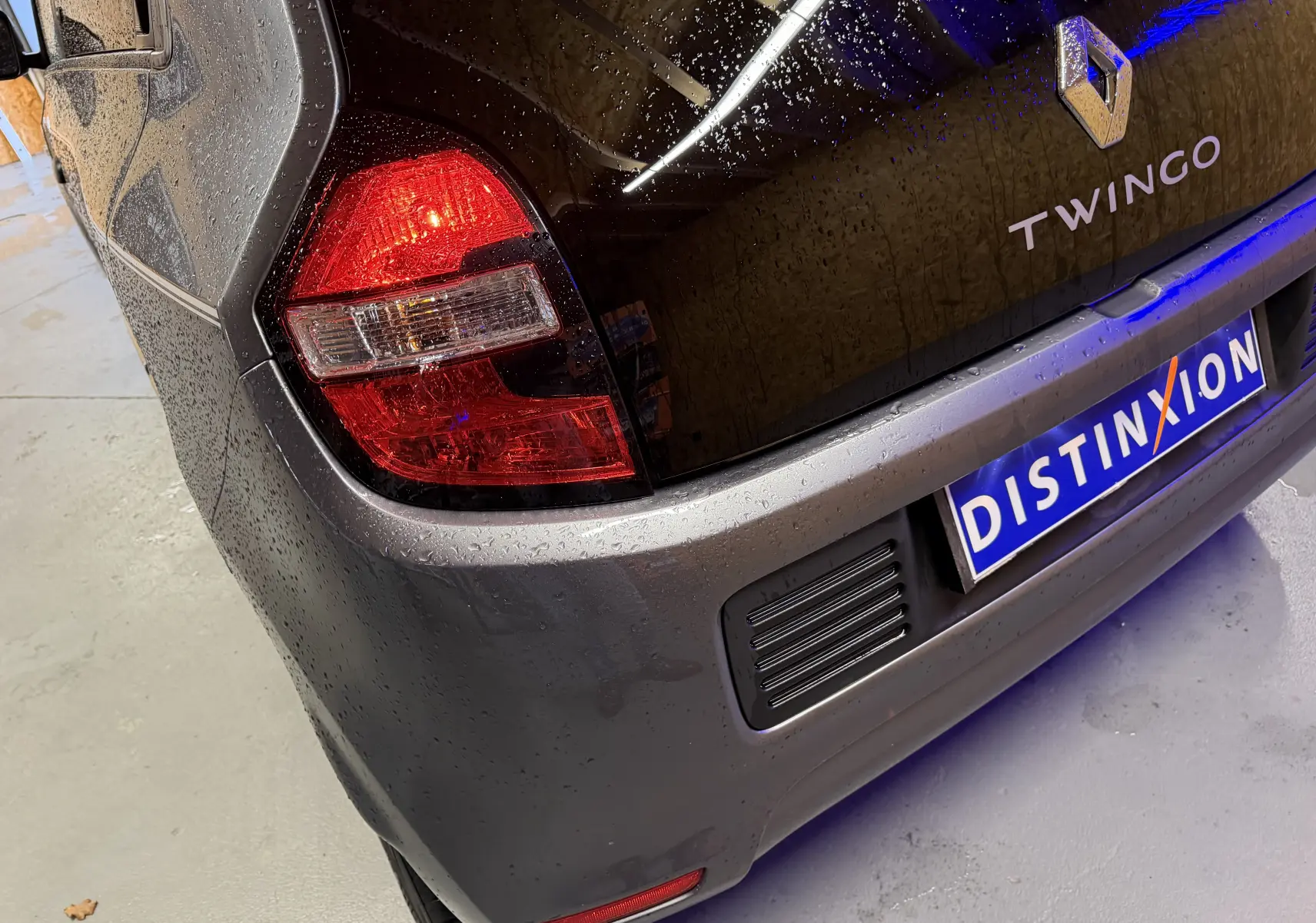 Gros plan sur l'arrière gauche gris d'une Renault Twingo III 2018, avec feux rouges et logo Twingo visible.