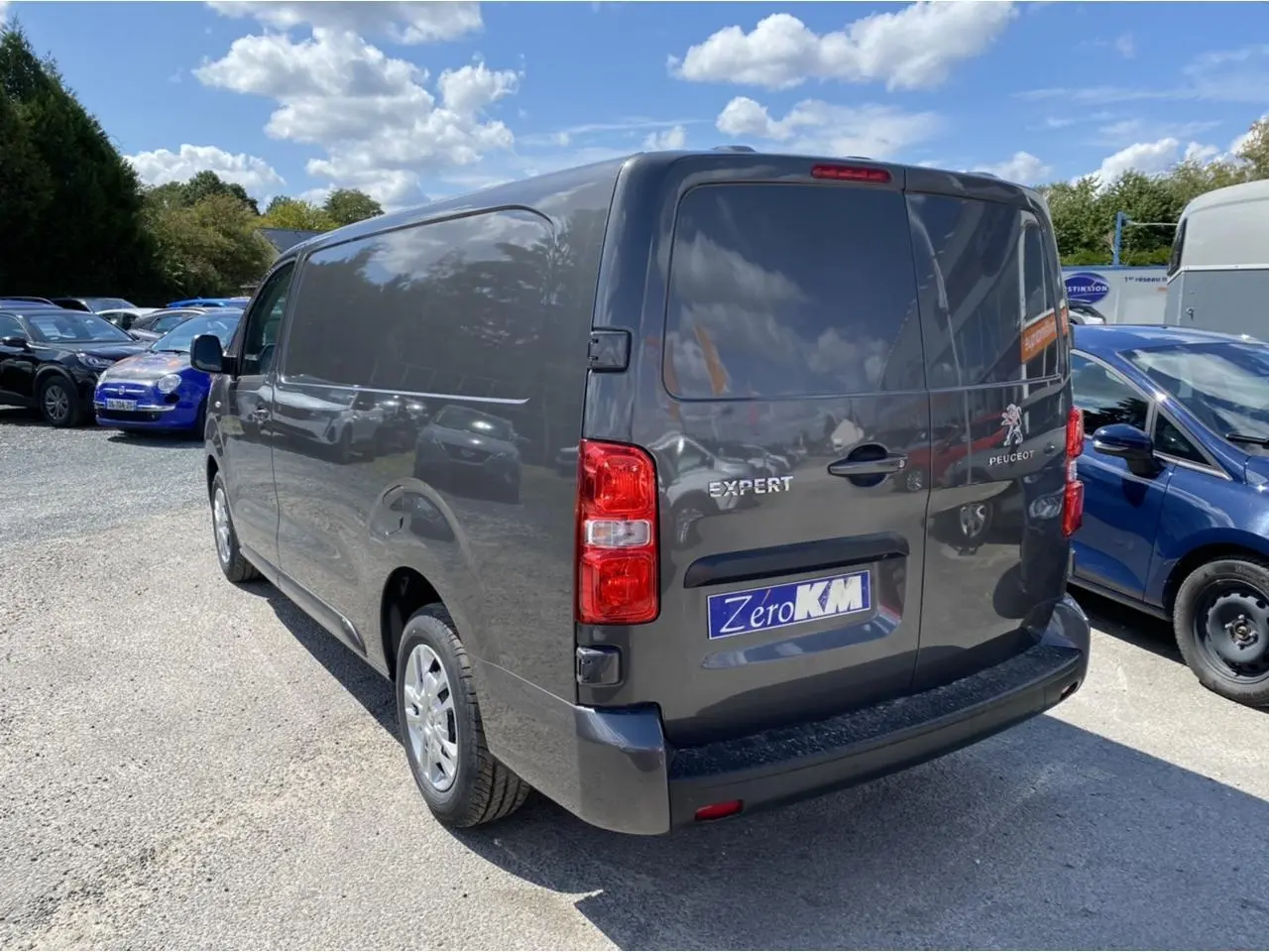 Vue 3/4 arrière droite du Peugeot Expert Fourgon gris platinium avec portes arrière battantes et plaque Zero KM visible.