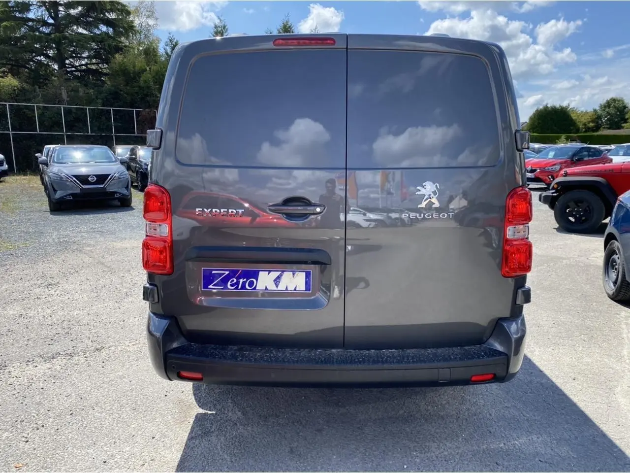 Vue arrière d'un Peugeot Expert Fourgon gris platinium avec portes battantes et logo visible en plein jour.
