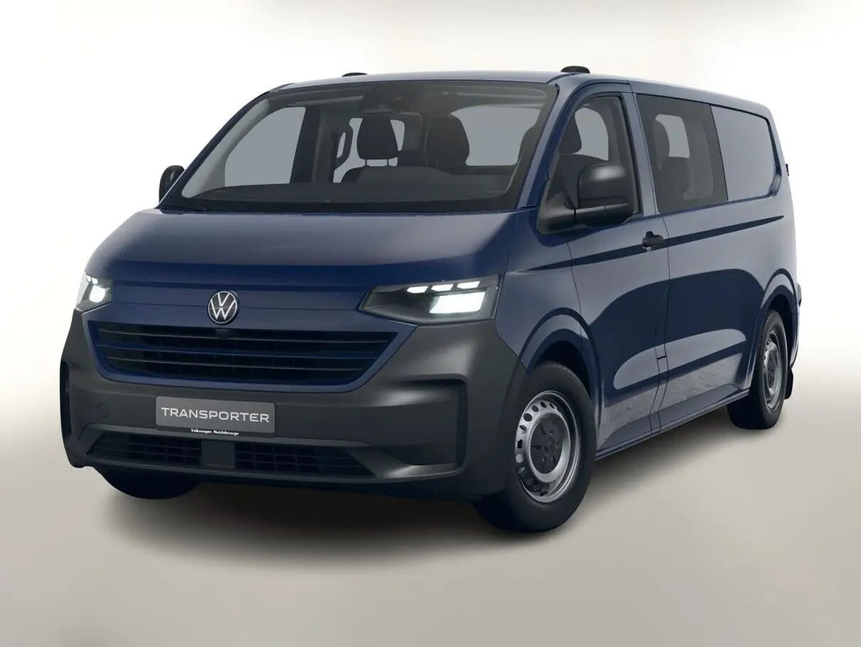 Volkswagen Transporter ProCab bleu en vue 3/4 avant droit avec phares LED et porte coulissante droite.