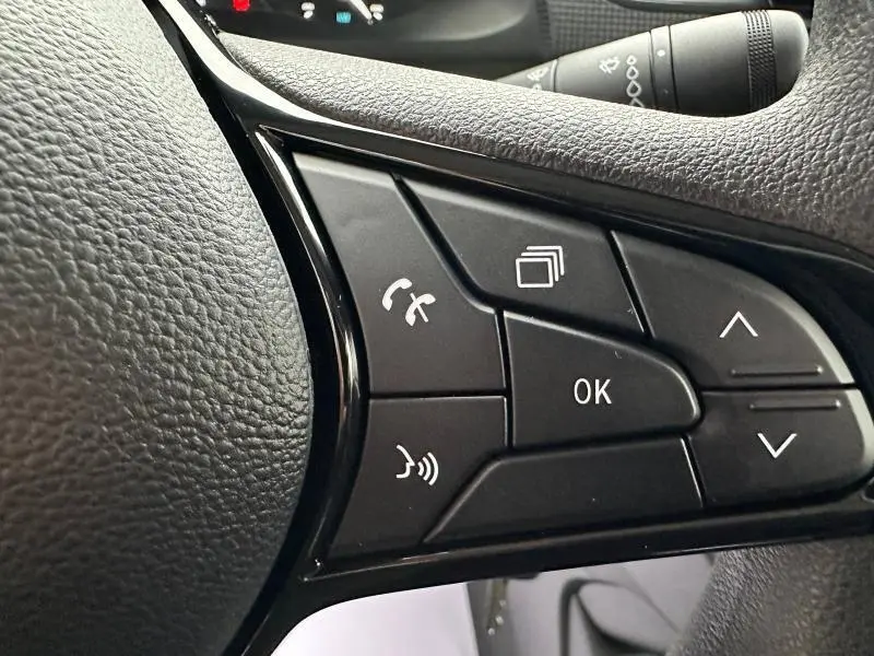 Gros plan sur les commandes noires au volant du Nissan Townstar électrique gris, avec boutons multifonctions et indicateurs blancs.