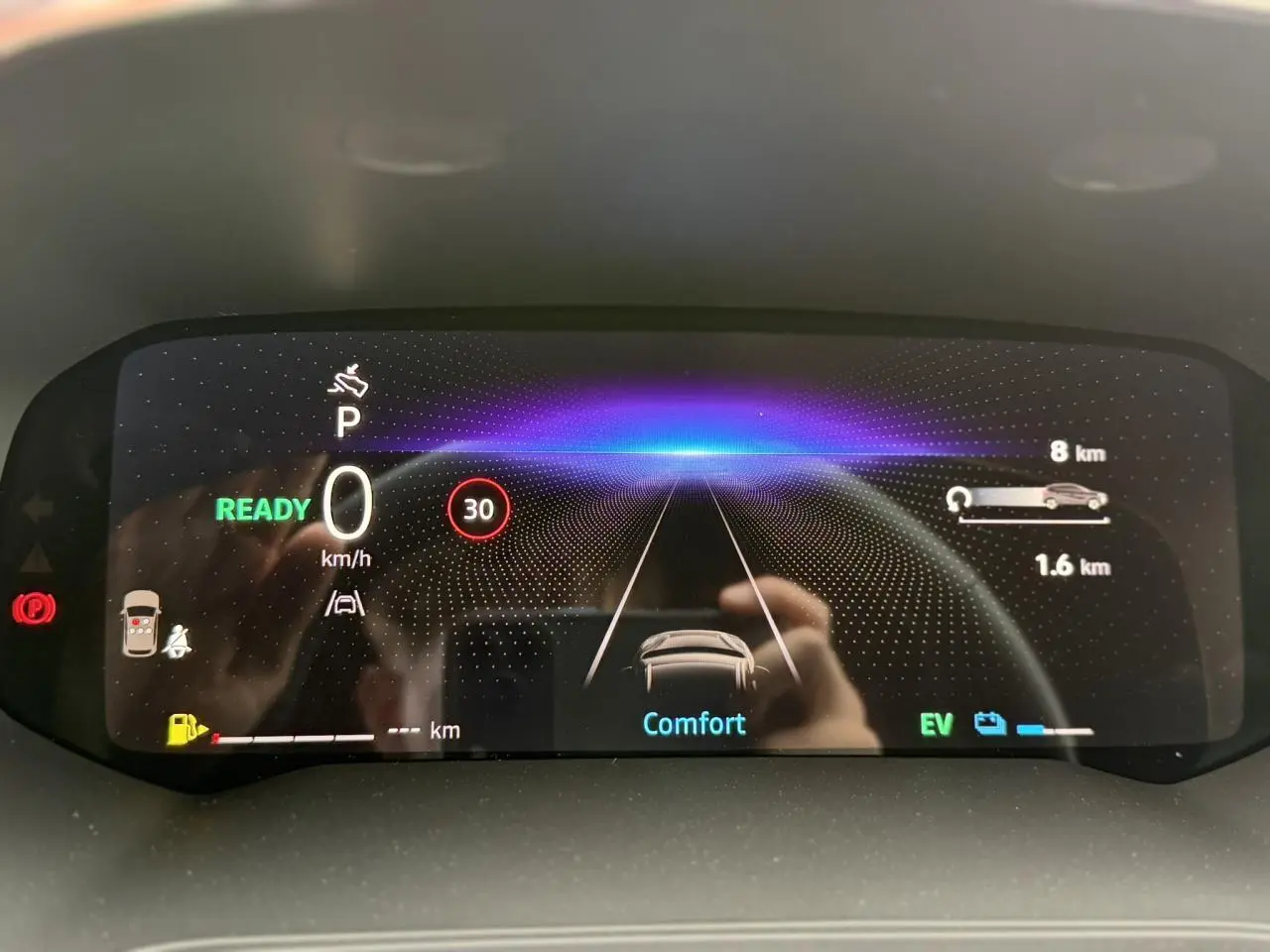 Tableau de bord numérique du Renault Captur 2026 affichant la vitesse à 0 km/h et mode de conduite Comfort.