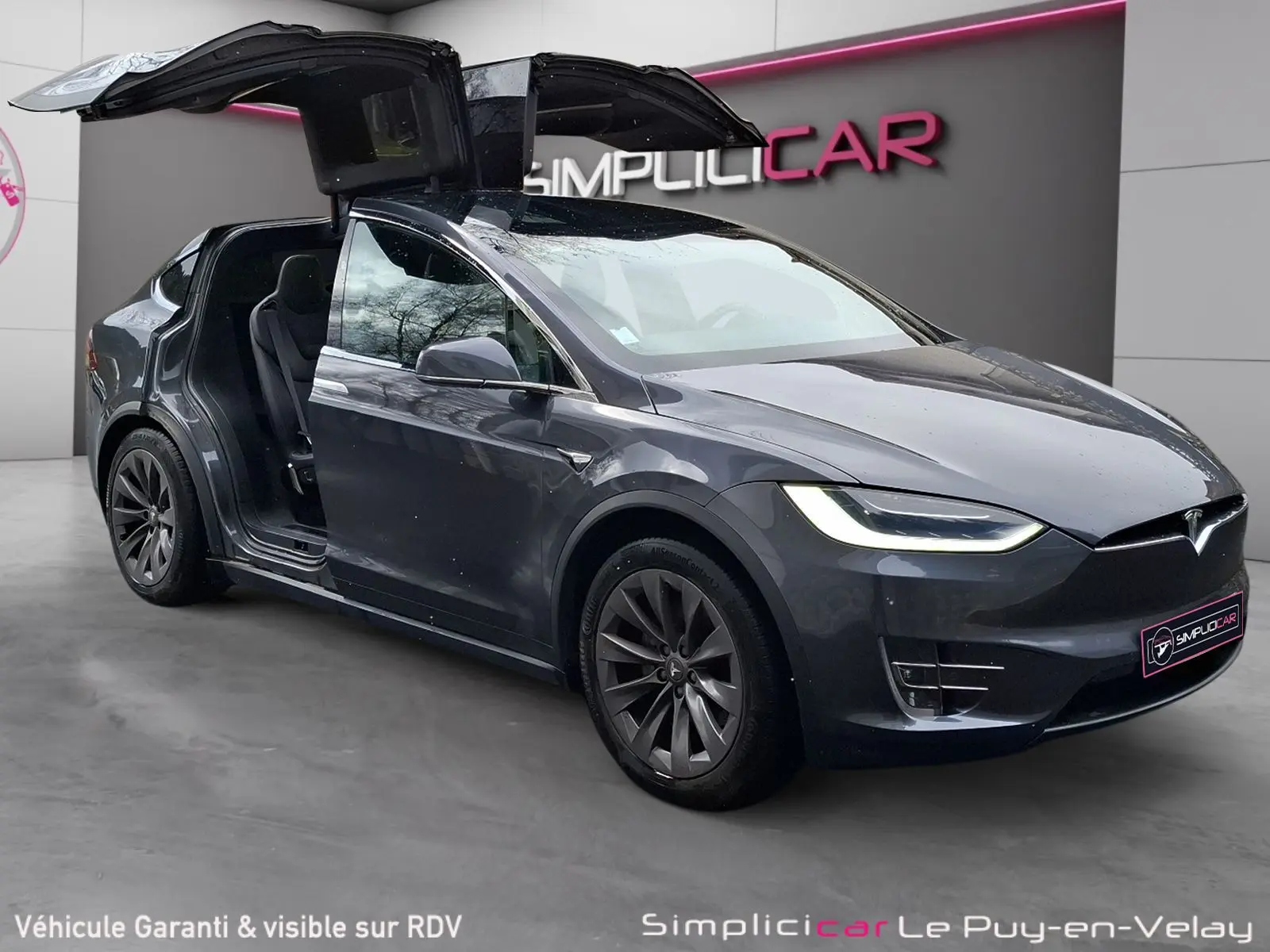 Tesla Model X 100D gris foncé en 3/4 avant droit avec portes papillon ouvertes, jantes alliage 20 pouces visibles.
