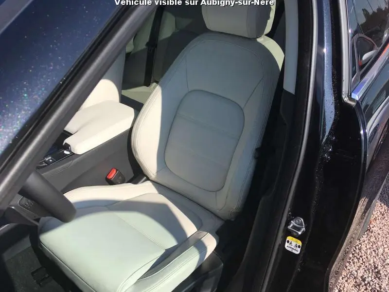 Vue rapprochée du siège avant gauche en cuir clair d’un Jaguar F-PACE noir avec portière ouverte.