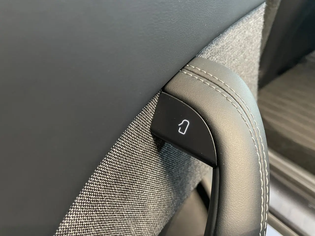 Détail de la poignée intérieure grise avec bouton de déverrouillage sur porte côté gauche d’une Tesla Model S Plaid 2023.