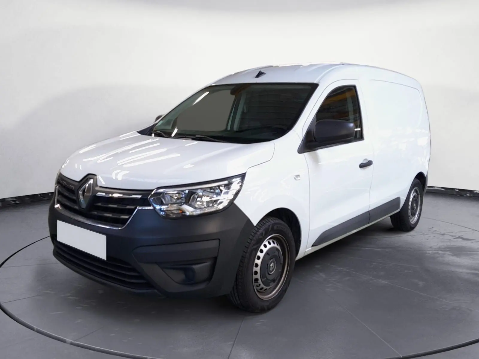 Renault Express Van blanc vu en 3/4 avant droit, avec pare-chocs noirs et jantes acier simples.