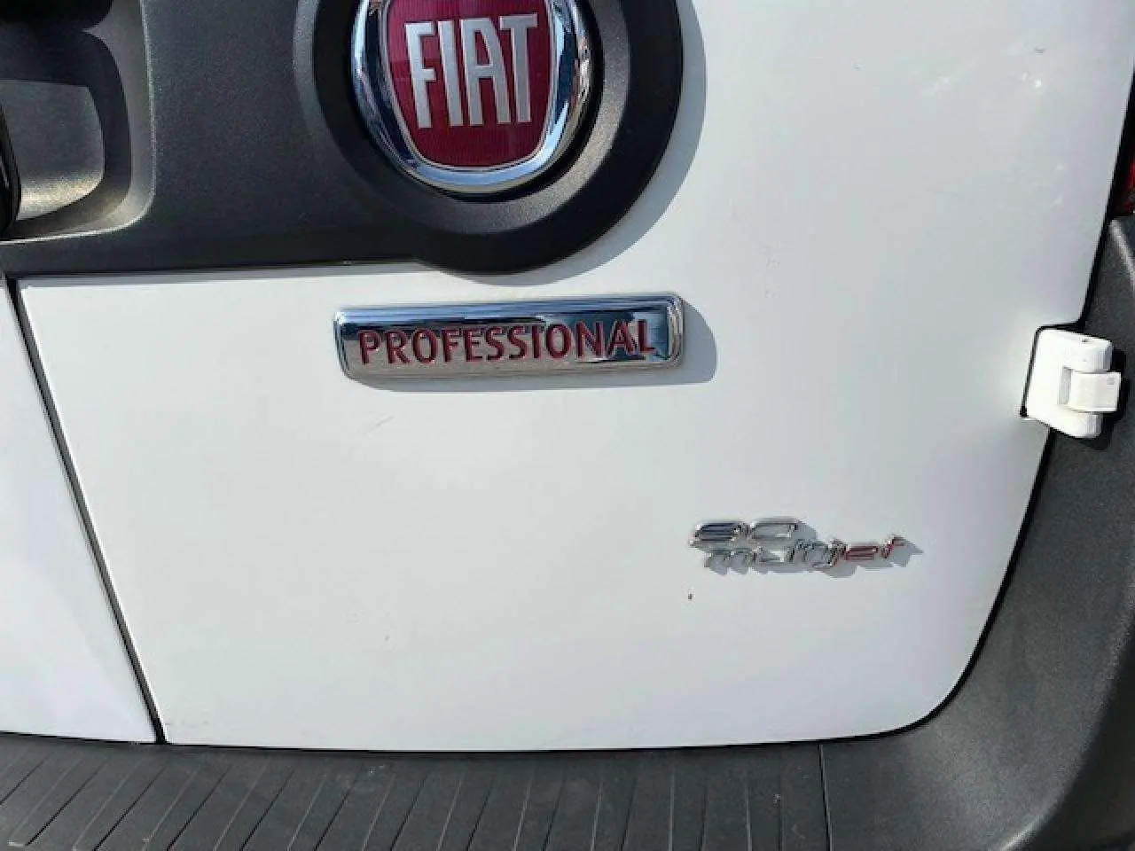 Gros plan sur la porte avant gauche blanche d’un FIAT Doblo 1.3 Multijet avec logos FIAT et Professional visibles.