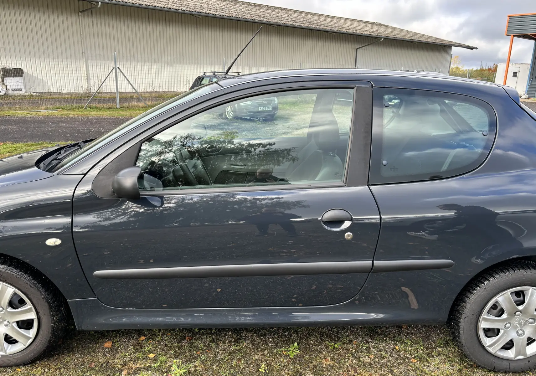 Profil côté gauche d'une Peugeot 206+ gris foncé de 2009, compacte avec poignées et rétroviseurs noirs.