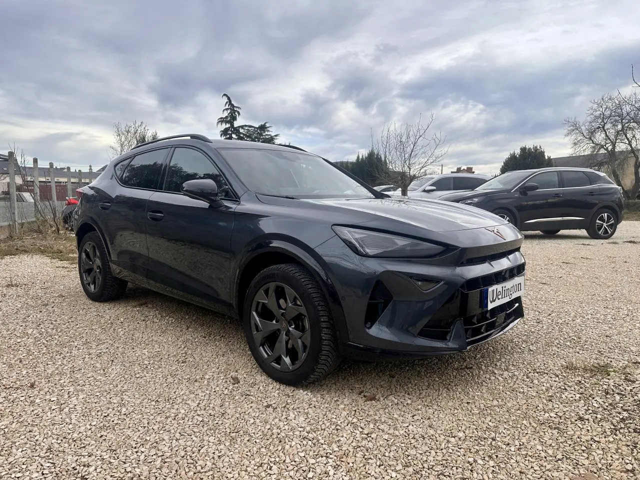 SUV CUPRA Formentor gris en 3/4 avant droit, avec jantes noires et calandre distinctive sous un ciel nuageux.