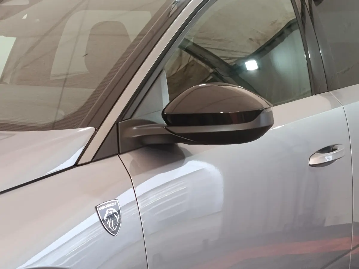 Détail du côté gauche d’un Peugeot 5008 gris clair, avec rétroviseur noir et logo Peugeot sur l’aile avant.