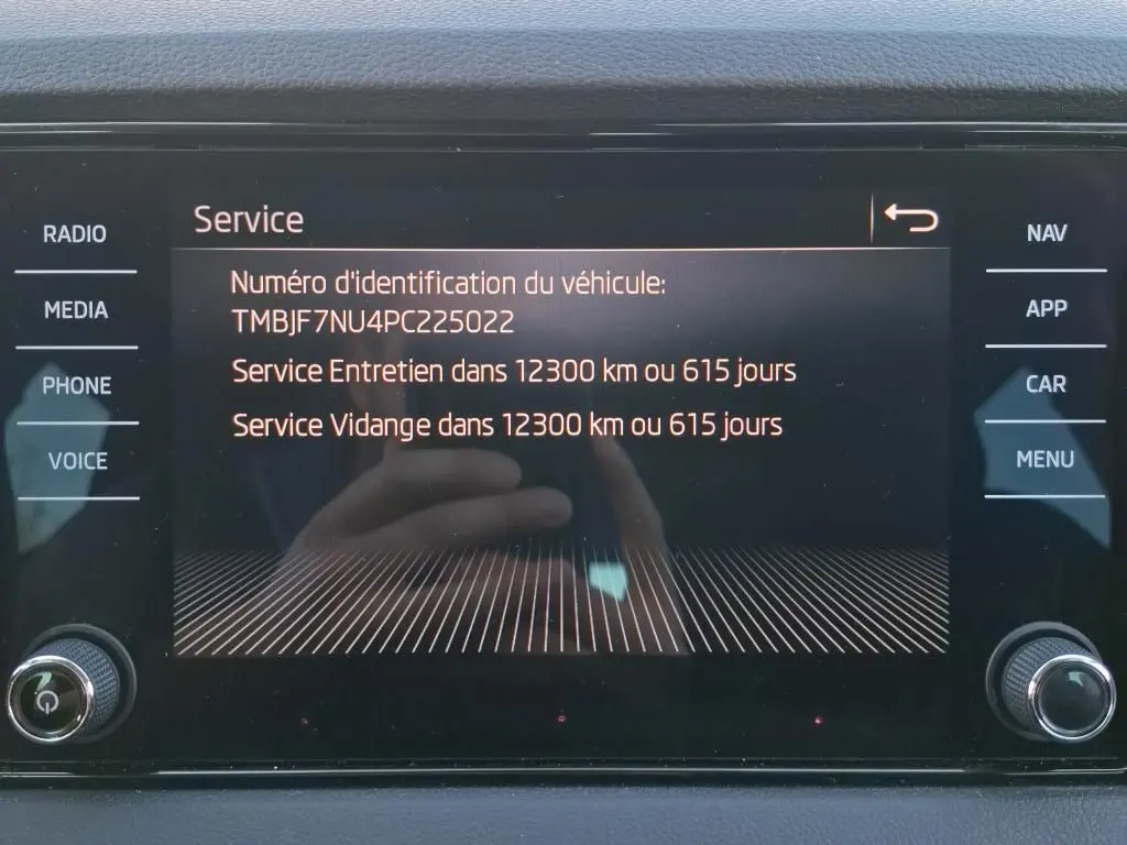 Écran multimédia intérieur affichant le menu service du Skoda Karoq 2.0 TDI Business, interface noire avec texte orange.