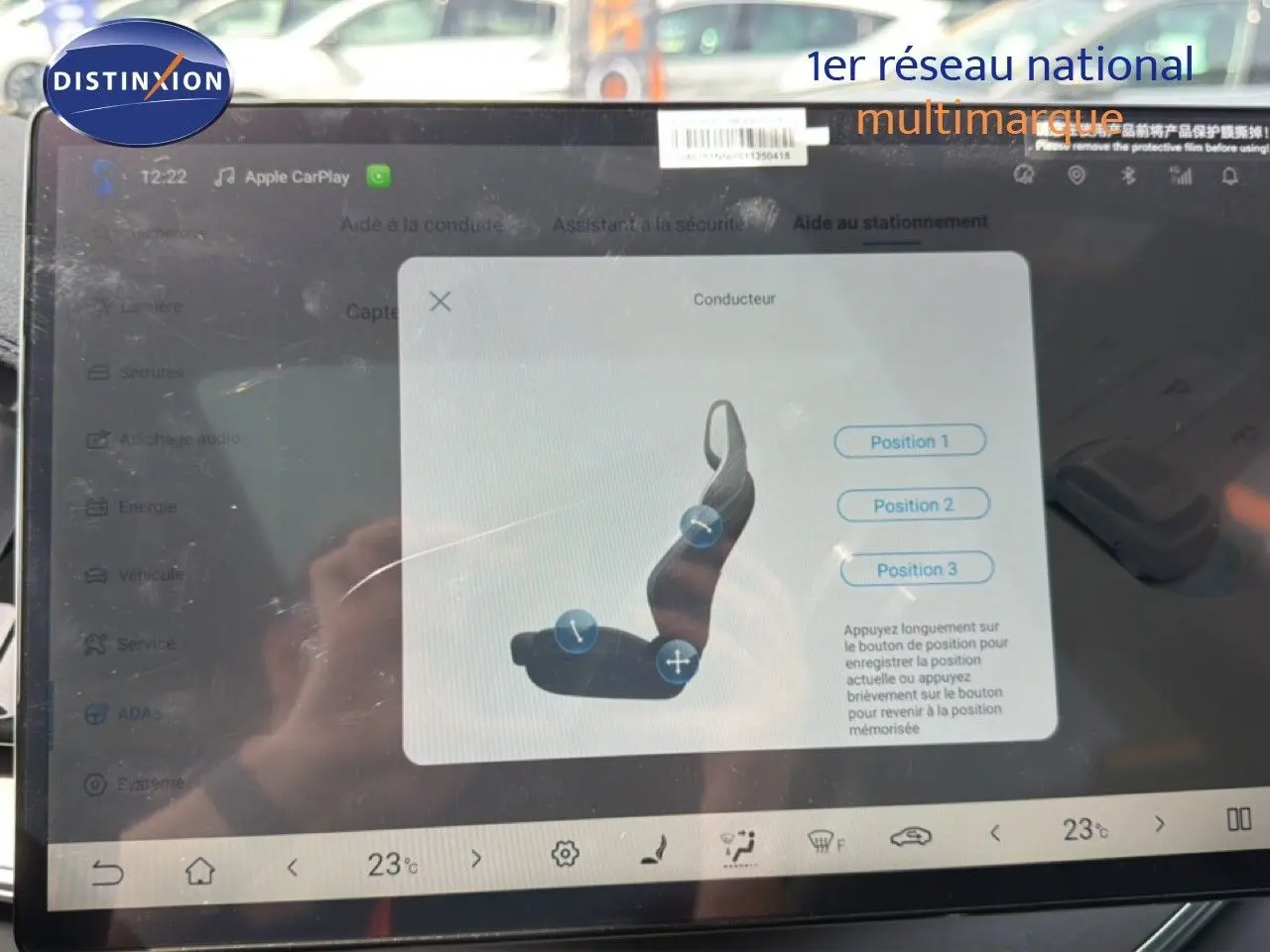 Écran tactile intérieur du BYD SEAL U DM-i BOOST montrant les réglages de position du siège conducteur.