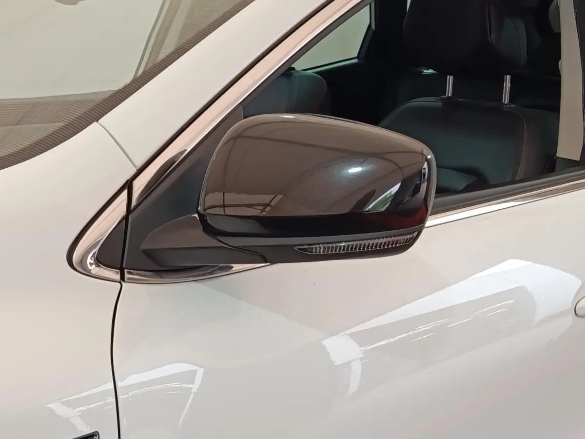 Rétroviseur noir brillant côté conducteur d’un Renault Kadjar blanc, vue rapprochée sur la portière avant gauche.