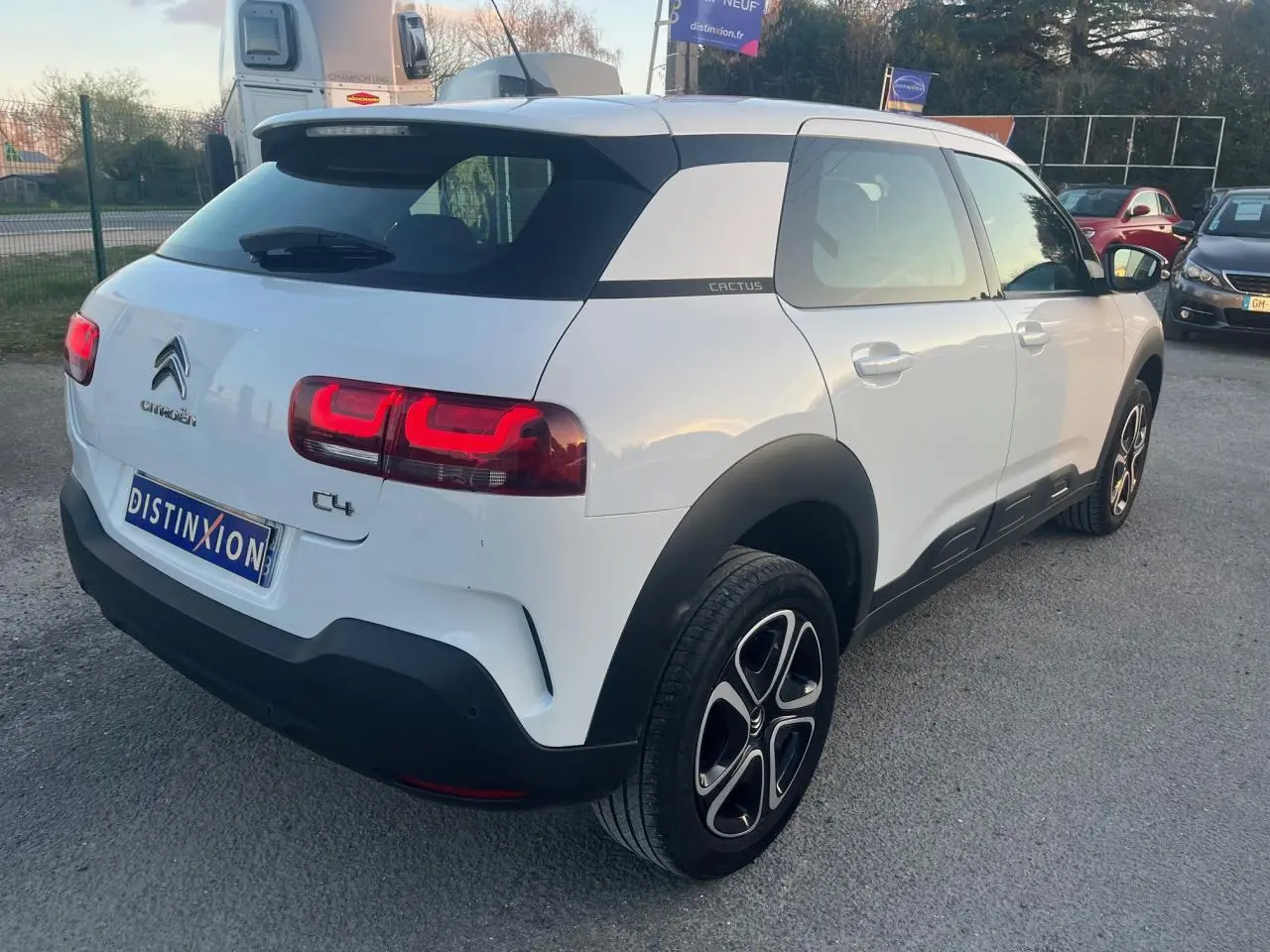 Vue 3/4 arrière droite d'une Citroën C4 Cactus blanche avec protections noires et feux arrière allumés.