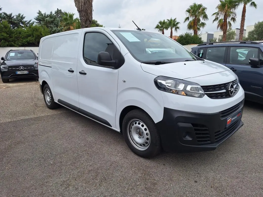 Fourgon Opel Vivaro blanc vu en 3/4 avant droit, avec porte latérale et pare-chocs noirs contrastants.